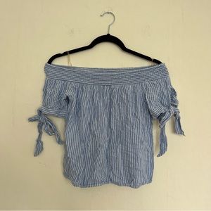 Kendal & Kylie Blue and White Striped Off Shoulder Top